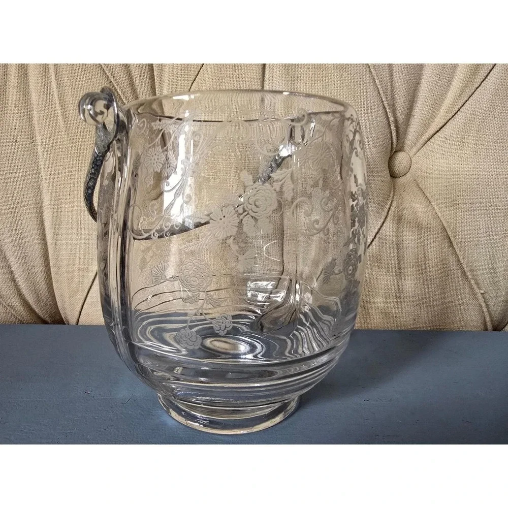 Vintage Depression Style Etched Floral Glass Ice Bucket With Metal Handle